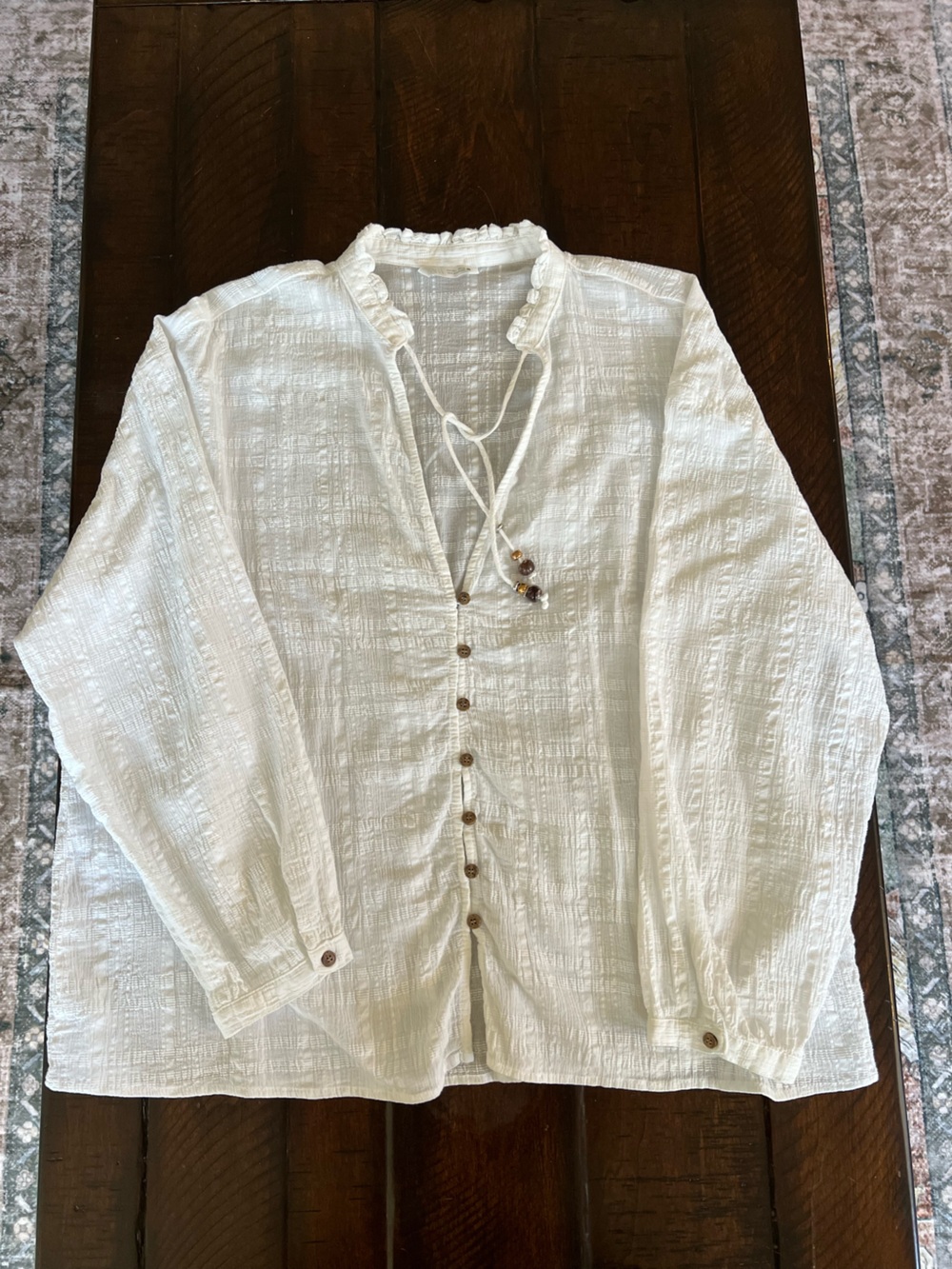 Zara White Textured Gauze Blouse L Ruffle Tie Neck Boho Coastal